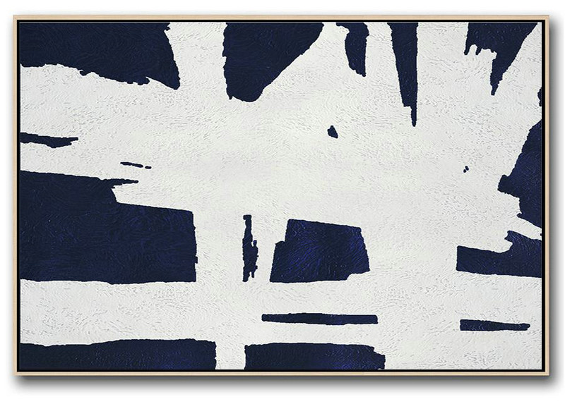 Contemporary Art Canvas Painting,Horizontal Abstract Painting Navy Blue Minimalist Painting On Canvas,Canvas Artwork For Sale #D1E6